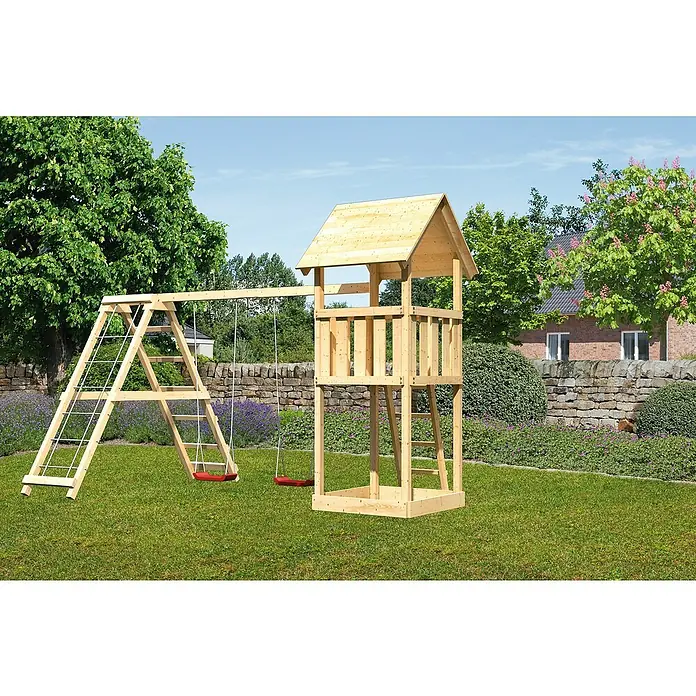 Karibu Kinderspielturm Lotti Set 5 - L x B x H: 264 x 415 x 291 cm, Natur - Freistehender Spielturm aus Holz mit Schaukel und Klettergerüst im Garten. Ideal für Kinder zum Spielen und Toben im Freien.