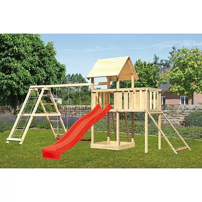 Karibu Kinderspielturm Lotti Set 50 - L x B x H: 264 x 522 x 291 cm, Natur/Rot - Hölzerner Spielplatz mit roter Rutsche, Schaukel und Kletterleiter.