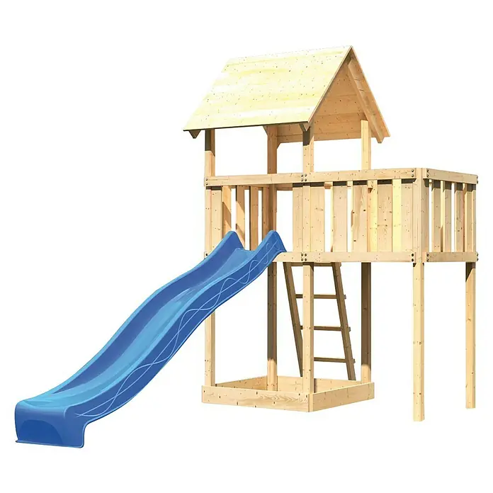 Karibu Kinderspielturm Lotti Set 13 - L x B x H: 107 x 214 x 291 cm, Natur/Blau - Holz-Spielturm mit blauer Rutsche, Leiter und überdachtem Podest für Kinder zum Spielen im Freien.