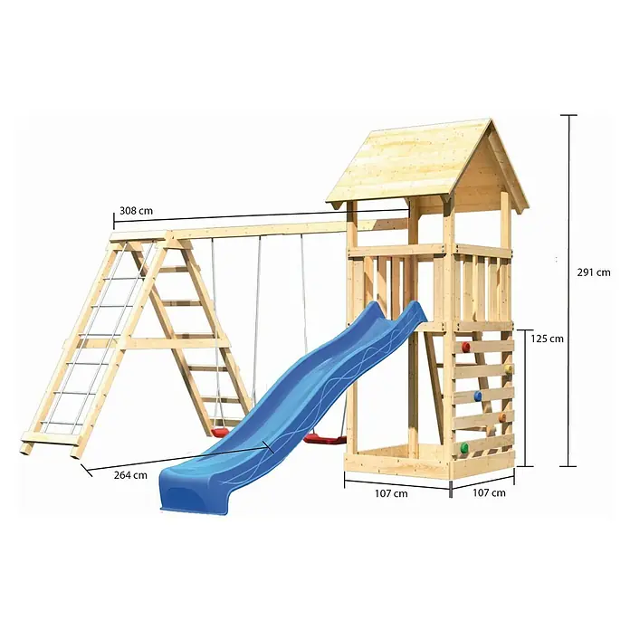 Karibu Kinderspielturm Lotti Set 37 - L x B x H: 264 x 415 x 291 cm, Natur/Blau - Holz-Spielturm mit Rutsche, Schaukel und Kletterwand für Kinder. Perfekt für den Garten, bietet stundenlangen Spielspaß im Freien.
