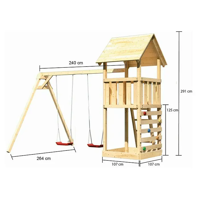 Karibu Kinderspielturm Lotti Set 23 - L x B x H: 264 x 347 x 291 cm, Natur - Abbildung eines hölzernen Kinderspielplatzes mit Schaukel und Kletterturm mit den Abmessungen 240x264x107x291 cm.