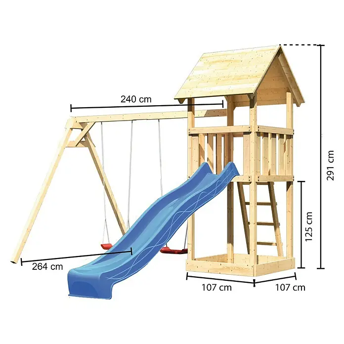 Karibu Kinderspielturm Lotti Set 9 - L x B x H: 264 x 347 x 291 cm, Natur/Blau - Abbildung des Holzspielplatzes mit Schaukel und Rutsche, inklusive Maßangaben für die Planung.