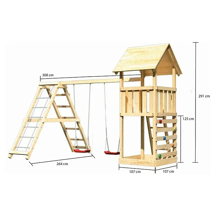 Karibu Kinderspielturm Lotti Set 24 - L x B x H: 264 x 415 x 291 cm, Natur - Produktansicht des Spielturms aus Holz mit Schaukelgerüst und Kletterwand, ideal für den Garten. Inklusive Größenangaben in cm.