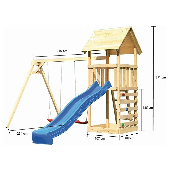 Karibu Kinderspielturm Lotti Set 35 - L x B x H: 264 x 347 x 291 cm, Natur/Blau - Abbildung eines Holzspielplatzes mit Rutsche, Schaukel und Kletterwand, ideal für Kinder zum Spielen und Spaß haben.
