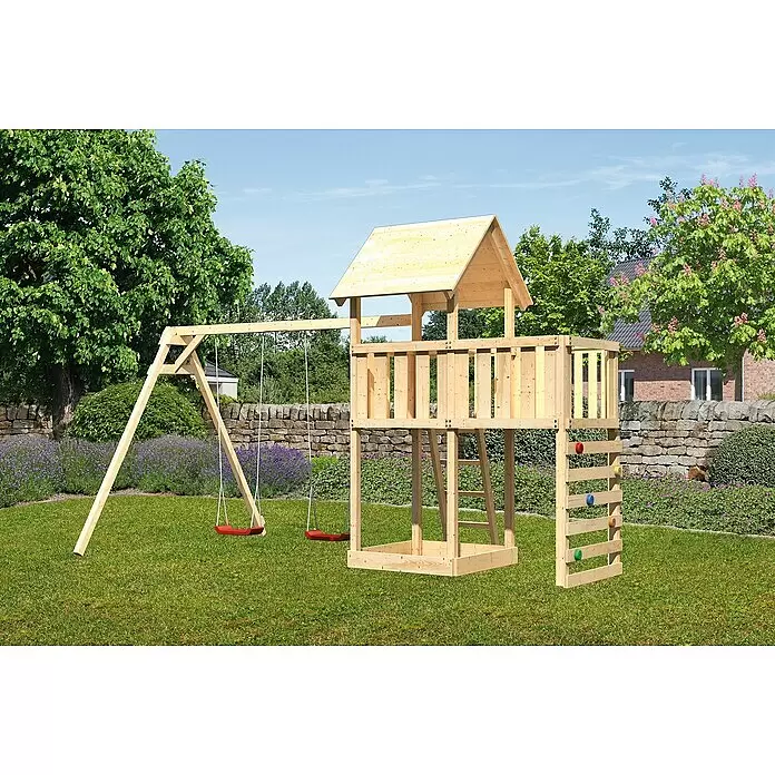 Karibu Kinderspielturm Lotti Set 45 - L x B x H: 264 x 454 x 291 cm, Natur - Hölzernes Spielgerät mit Schaukel und Kletterwand für Kinderspiel im Freien.