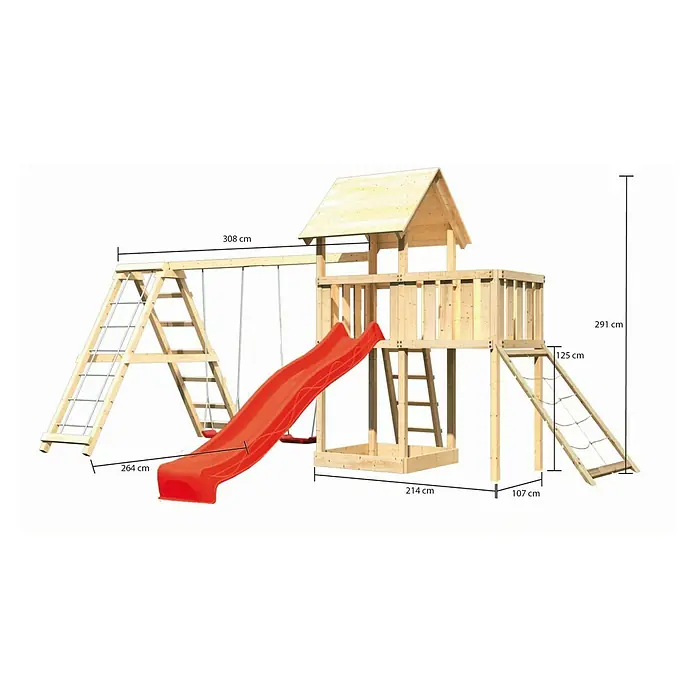 Karibu Kinderspielturm Lotti Set 50 - L x B x H: 264 x 522 x 291 cm, Natur/Rot - Ansicht des Abenteuerspielplatzes mit Rutsche, Schaukel und Kletterwand mit den Abmessungen.
