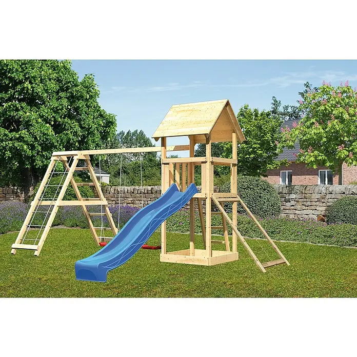 Karibu Kinderspielturm Lotti Set 33 - L x B x H: 264 x 415 x 291 cm, Natur/Blau - Hölzernes Spielhaus mit Rutsche und Schaukel für Kinder im Garten, ideal zum Spielen und Spaß haben.
