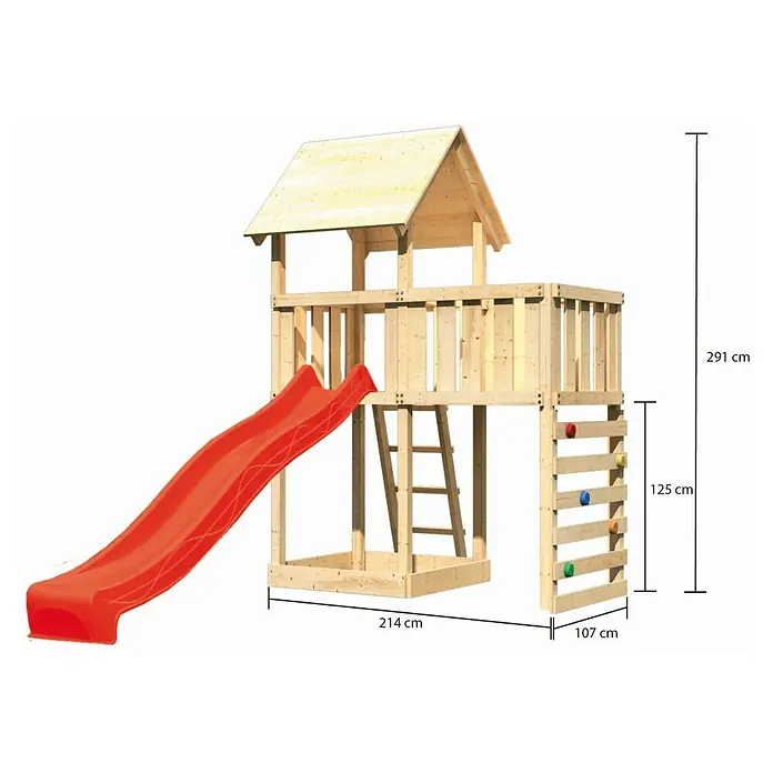 Karibu Kinderspielturm Lotti Set 42 - L x B x H: 107 x 214 x 291 cm, Natur/Rot - Abenteuerlicher Spielturm aus Holz mit roter Rutsche, Kletterwand und Leiter für Kinder. Das perfekte Outdoor-Spielgerät für den Garten.