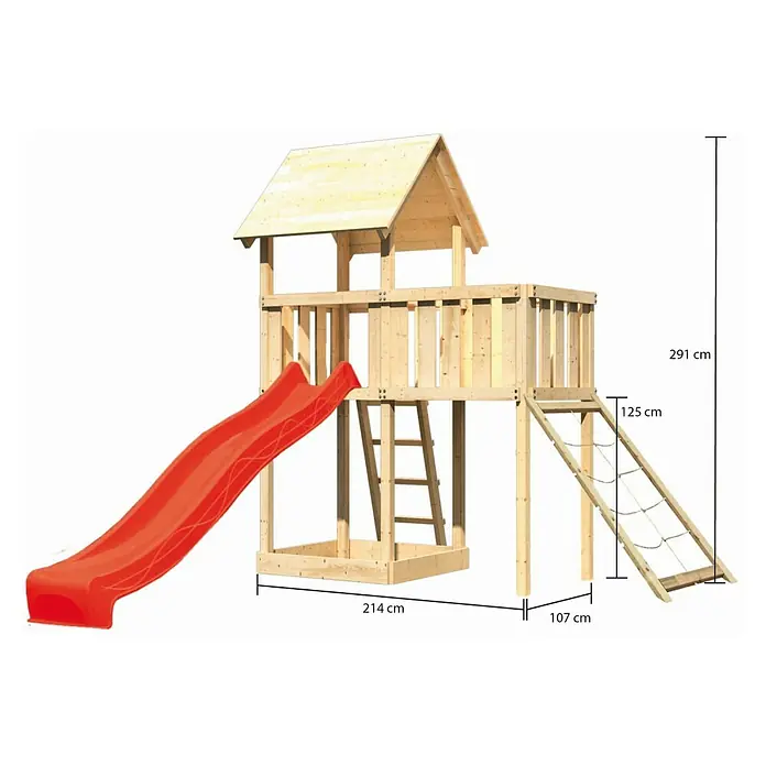 Karibu Kinderspielturm Lotti Set 40 - L x B x H: 107 x 214 x 291 cm, Natur/Rot - Bild eines Spielturms aus Holz mit Rutsche, Leiter und Kletternetz mit den Maßen 291 cm Höhe, 214 cm Länge und 107 cm Breite.