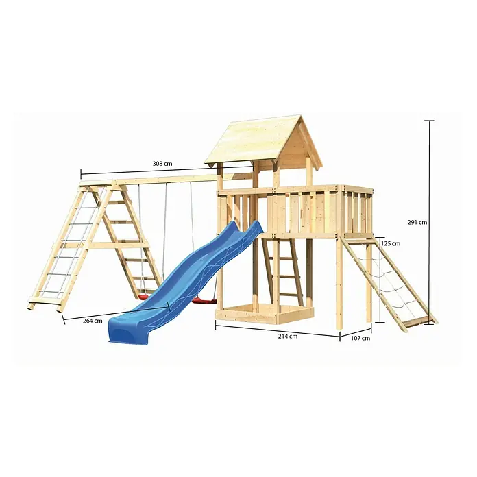 Karibu Kinderspielturm Lotti Set 49 - L x B x H: 264 x 522 x 291 cm, Natur/Blau - Abbildung des Spielturms mit Schaukel, Rutsche, Kletterwand und Leiter mit allen Maßen.