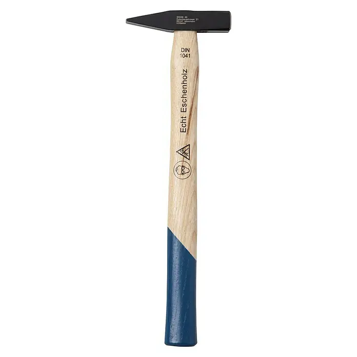 Alpha Tools Schlosserhammer - 100 g, Eschenholz - Bild eines Schlosserhammers mit einem Eschenholzgriff. Der Hammerkopf ist schwarz und der Griff ist blau lackiert.