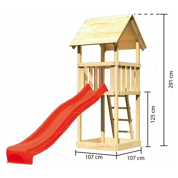 Karibu Kinderspielturm Lotti Set 3 - L x B x H: 107 x 107 x 291 cm, Natur/Rot - Abbildung eines Spielhauses mit Rutsche aus Holz mit den Maßen 291 cm Höhe, 107 cm Breite und 125 cm Höhe.