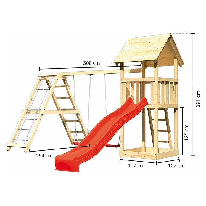 Karibu Kinderspielturm Lotti Set 12 - L x B x H: 264 x 415 x 291 cm, Natur/Rot - Abbildung des Spielturms mit Rutsche, Schaukel und Kletterleiter. Die Maße sind eingezeichnet.