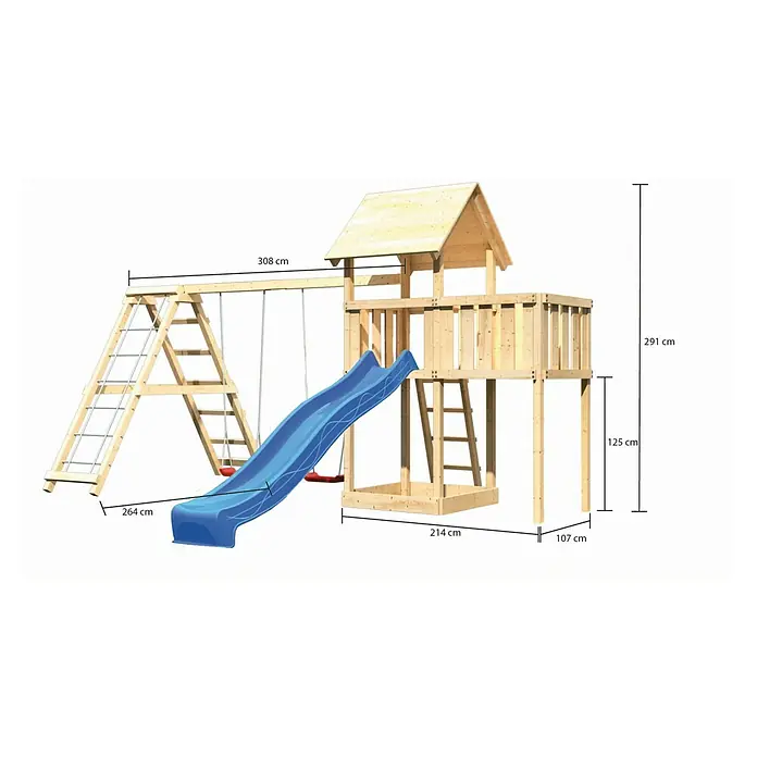 Karibu Kinderspielturm Lotti Set 29 - L x B x H: 264 x 522 x 291 cm, Natur/Blau - Das Bild zeigt ein hölzernes Kinderspielhaus mit Schaukel, Rutsche und Kletterleiter, inklusive Maßangaben.