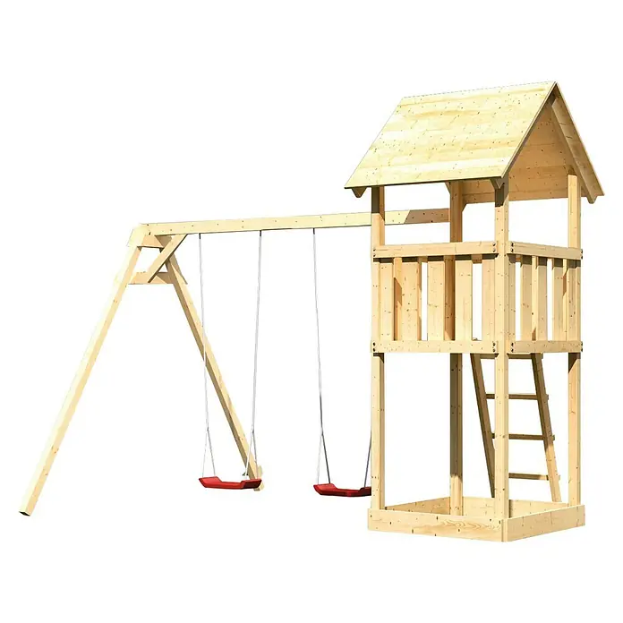 Karibu Kinderspielturm Lotti Set 4 - L x B x H: 264 x 347 x 291 cm, Natur - Holzspielturm mit Schaukel und Rutsche. Der Turm hat ein Dach und eine Leiter. Ideal für Kinder zum Spielen im Garten.