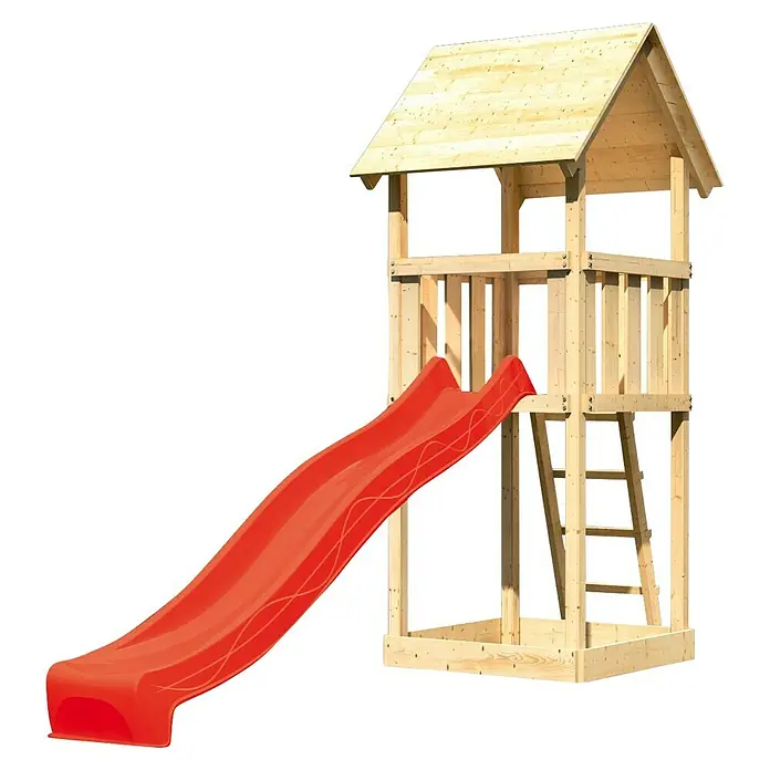 Karibu Kinderspielturm Lotti Set 3 - L x B x H: 107 x 107 x 291 cm, Natur/Rot - Ein Kinderspielturm mit roter Rutsche und Leiter, ideal für den Garten. Robuste Bauweise für sicheren Spielspaß im Freien.