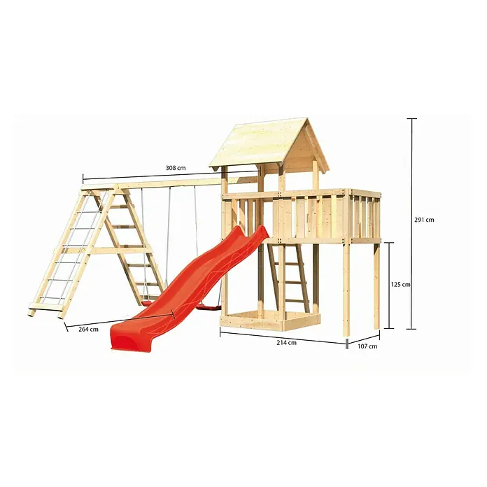 Karibu Kinderspielturm Lotti Set 30 - L x B x H: 264 x 522 x 291 cm, Natur/Rot - Abbildung eines hölzernen Kinderspielplatzes mit Schaukel, Rutsche und Klettergerüst mit Maßangaben für die Abmessungen.