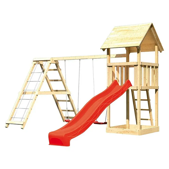 Karibu Kinderspielturm Lotti Set 12 - L x B x H: 264 x 415 x 291 cm, Natur/Rot - Ein hölzernes Kinderspielhaus mit Rutsche, Schaukel und Klettergerüst für Spaß im Garten. Ideal für aktive Kinder!