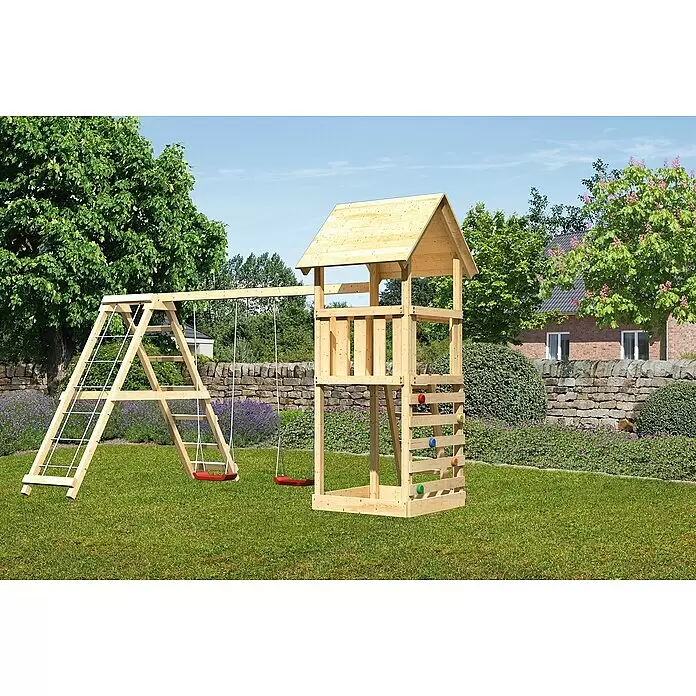Karibu Kinderspielturm Lotti Set 24 - L x B x H: 264 x 415 x 291 cm, Natur - Spielturm aus Holz mit Turm, zwei roten Schaukeln und Kletterwand mit bunten Griffen.