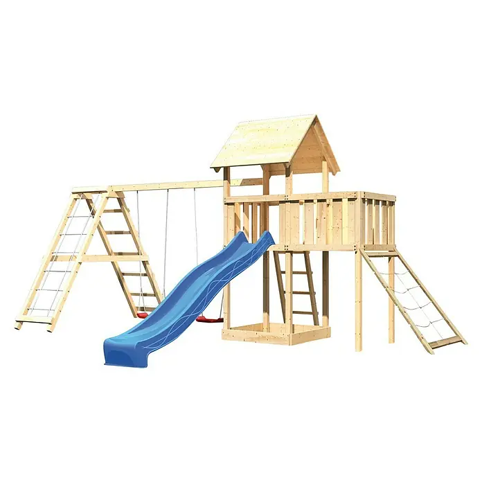 Karibu Kinderspielturm Lotti Set 49 - L x B x H: 264 x 522 x 291 cm, Natur/Blau - Holzspielplatz mit Schaukeln, Rutsche, Kletterwand und Turm für stundenlangen Spielspaß im Garten.