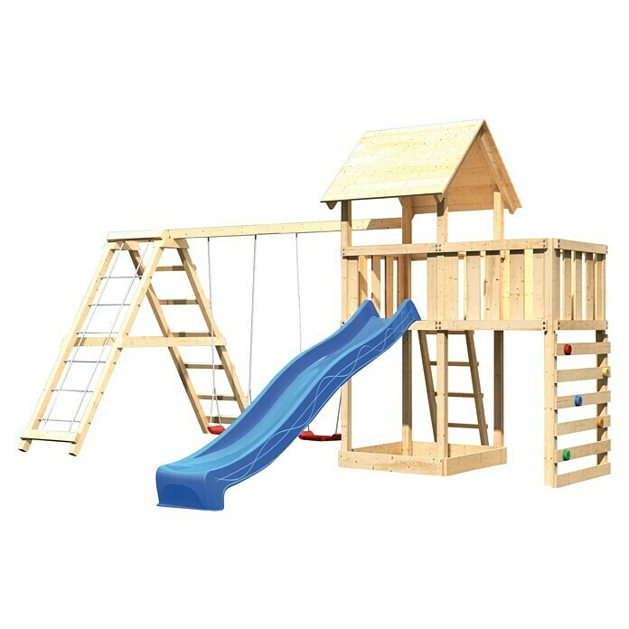 Karibu Kinderspielturm Lotti Set 53 (L x B x H: 264 x 522 x 291 cm, Natur/Blau) | BAUHAUS
