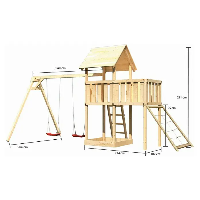 Karibu Kinderspielturm Lotti Set 43 - L x B x H: 264 x 454 x 291 cm, Natur - Holz-Spielturm mit Schaukel und Kletterwand, inklusive Abmessungen. Ideal für den Garten, bietet vielseitigen Spielspaß für Kinder.