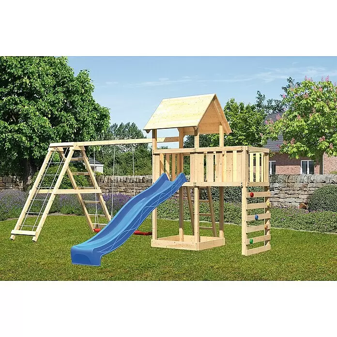 Karibu Kinderspielturm Lotti Set 53 - L x B x H: 264 x 522 x 291 cm, Natur/Blau - Holzspielplatz mit blauer Rutsche, zwei Schaukeln und Kletterwand.