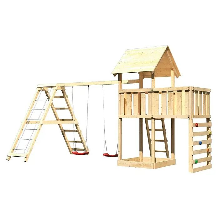 Karibu Kinderspielturm Lotti Set 46 - L x B x H: 264 x 522 x 291 cm, Natur - Holzspielplatz mit Schaukeln, Kletterwand und Turm für Kinder zum Spielen im Freien.
