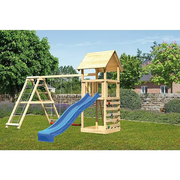 Karibu Kinderspielturm Lotti Set 37 - L x B x H: 264 x 415 x 291 cm, Natur/Blau - Holz-Klettergerüst mit Schaukel, Rutsche und Kletterwand für Kinder zum Spielen im Garten.