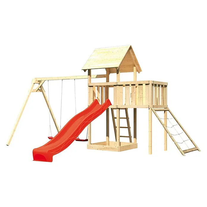 Karibu Kinderspielturm Lotti Set 48 - L x B x H: 264 x 454 x 291 cm, Natur/Rot - Holzspielplatz mit Rutsche, Schaukel und Klettergerüst für stundenlangen Spielspaß im Freien. Robuste Konstruktion für sicheres Spielen.