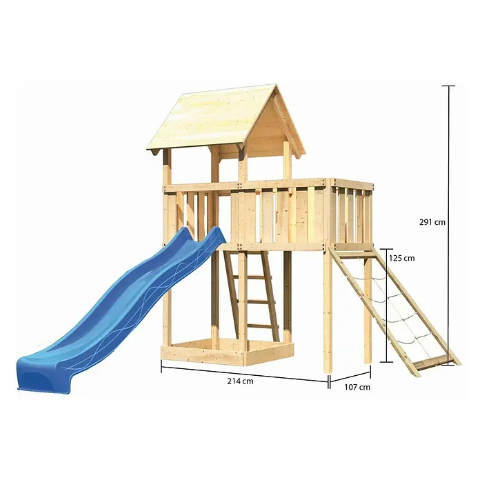 Karibu Kinderspielturm Lotti Set 39 - L x B x H: 107 x 214 x 291 cm, Natur/Blau - Spielturm aus Holz mit Rutsche, Kletterwand und Leiter für Kinder. Ideal für den Garten zum Spielen und Toben im Freien.