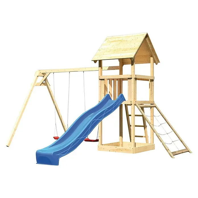 Karibu Kinderspielturm Lotti Set 31 - L x B x H: 264 x 347 x 291 cm, Natur/Blau - Ein hölzernes Spielhaus mit Rutsche und Schaukel, ideal für den Garten und stundenlangen Spielspaß. Tolles Spielgerät für Kinder.