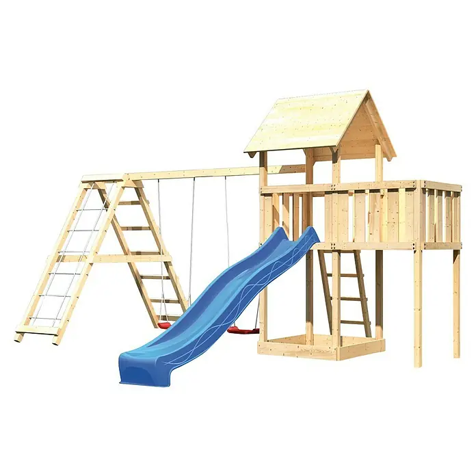 Karibu Kinderspielturm Lotti Set 29 - L x B x H: 264 x 522 x 291 cm, Natur/Blau - Ein hölzernes Spielplatzgerät mit Rutsche, Schaukel und Klettergerüst. Ideal für Kinder zum Spielen und Austoben im Freien.