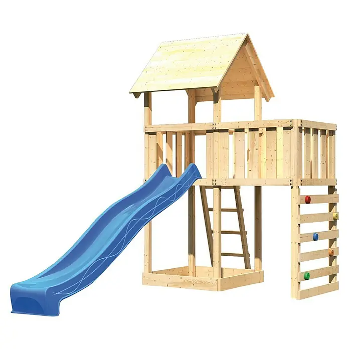 Karibu Kinderspielturm Lotti Set 41 - L x B x H: 107 x 214 x 291 cm, Natur/Blau - Holzspielhaus mit Rutsche, Leiter und Kletterwand für Kinder zum Spielen und Toben im Garten.