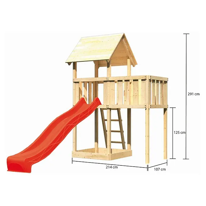 Karibu Kinderspielturm Lotti Set 14 - L x B x H: 107 x 214 x 291 cm, Natur/Rot - Abbildung eines Holzspielhauses mit roter Rutsche und Maßangaben.