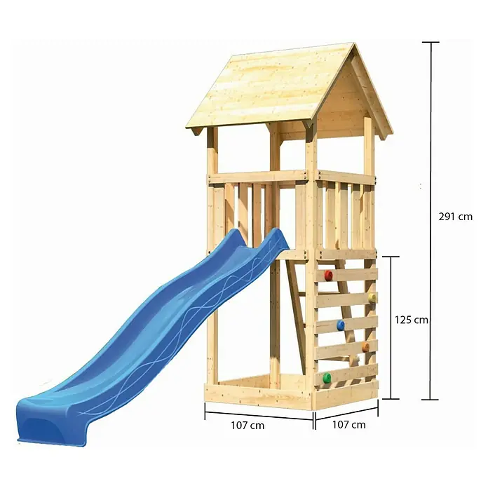Karibu Kinderspielturm Lotti Set 17 - L x B x H: 107 x 107 x 291 cm, Natur/Blau - Abenteuerlicher Spielturm aus Holz mit Rutsche und Kletterwand für Kinder zum Austoben im Garten.