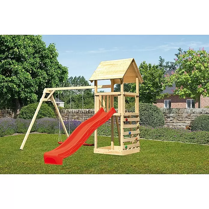 Karibu Kinderspielturm Lotti Set 36 - L x B x H: 264 x 347 x 291 cm, Natur/Blau - Ein hölzerner Spielturm für den Garten mit roter Rutsche, Schaukel und Kletterwand.