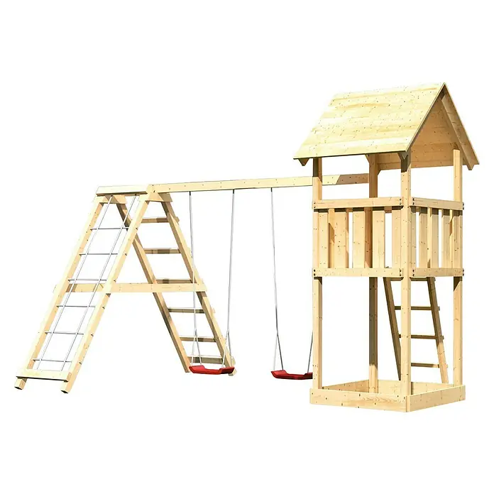Karibu Kinderspielturm Lotti Set 5 - L x B x H: 264 x 415 x 291 cm, Natur - Hölzerner Spielplatz mit Schaukeln und Klettergerüst, ideal für Kinder zum Spielen und Austoben im Freien.