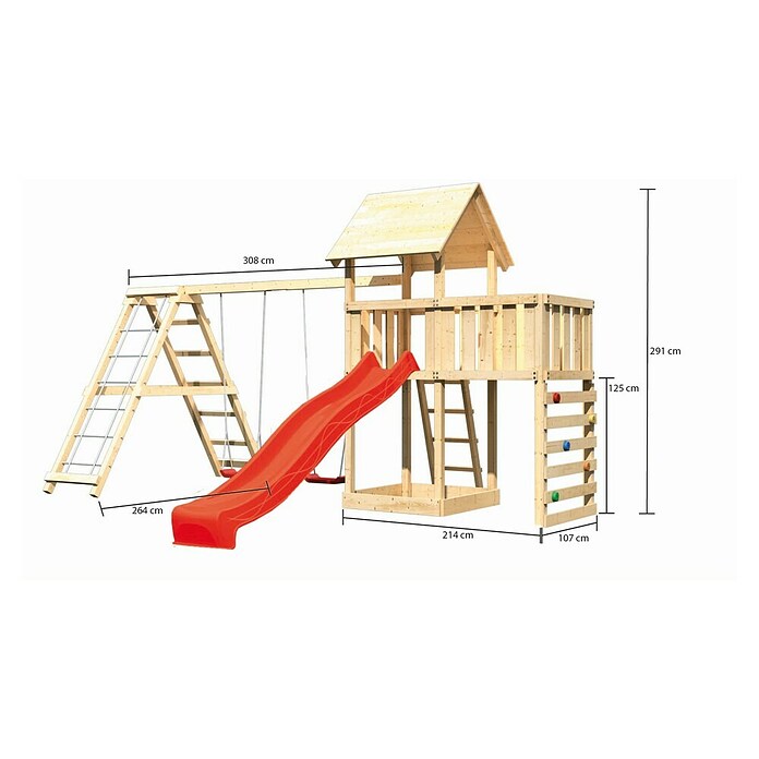Karibu Kinderspielturm Lotti Set 54 (L x B x H: 264 x 522 x 291 cm, Natur/Rot) | BAUHAUS