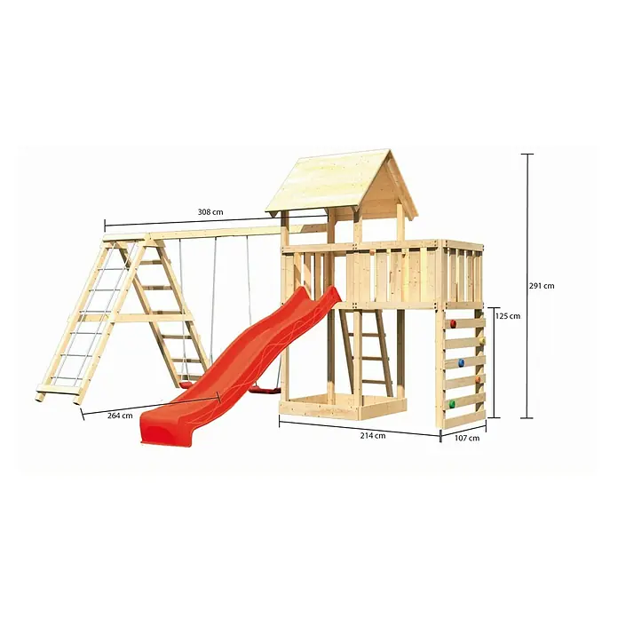 Karibu Kinderspielturm Lotti Set 54 - L x B x H: 264 x 522 x 291 cm, Natur/Rot - Produktbild eines Spielturms aus Holz mit Rutsche, Schaukel und Kletterwand, inklusive Maßangaben. Ideal für den Garten.