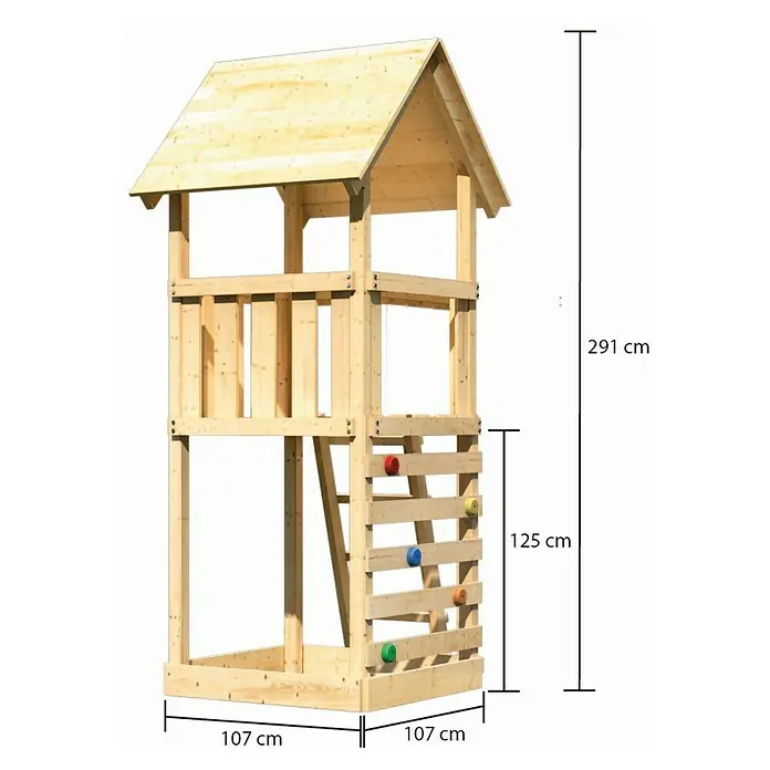 Karibu Kinderspielturm Lotti Set 8 - L x B x H: 107 x 107 x 291 cm, Natur - Abbildung eines hölzernen Spielturms mit Kletterwand und den Maßen 107 cm x 107 cm Grundfläche, 125 cm Kletterwandhöhe und 291 cm Gesamthöhe.