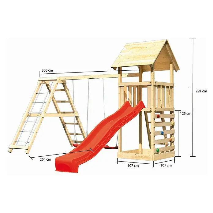 Karibu Kinderspielturm Lotti Set 38L x B x H: 267 x 415 x 291 cm, Natur/Rot