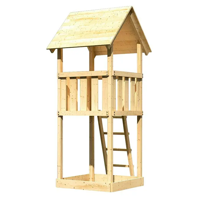 Karibu Kinderspielturm Lotti Set 1 - L x B x H: 107 x 107 x 291 cm, Natur - Detailaufnahme eines hölzernen Spielhauses mit zwei Etagen und einer Leiter. Es ist ein toller Spielplatz für Kinder im Freien.