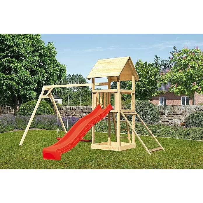 Karibu Kinderspielturm Lotti Set 32 - L x B x H: 264 x 347 x 291 cm, Natur/Rot - Holzspielturm mit roter Rutsche und Schaukel.