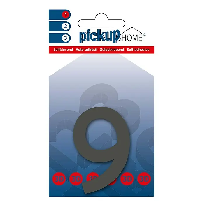 Pickup 3D Home Hausnummer Rio - Motiv: 9, Höhe: 6 cm, Grau, Kunststoff, Selbstklebend - Nahaufnahme der Pickup HOME 3D-Hausnummer 9, selbstklebend für eine einfache Montage, ideal für jede Haustür.