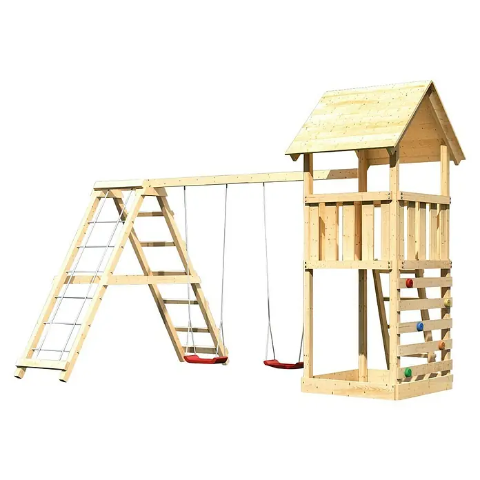 Karibu Kinderspielturm Lotti Set 24 - L x B x H: 264 x 415 x 291 cm, Natur - Spielplatzgerät aus Holz mit Schaukeln, Kletterwand und Turm. Ein tolles Spielgerät für Kinder zum Klettern, Schaukeln und Spielen im Freien.