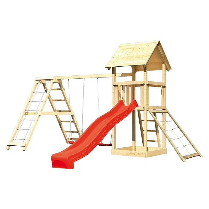 Karibu Kinderspielturm Lotti Set 34 - L x B x H: 264 x 371 x 291 cm, Natur/Rot - Holzspielplatz mit Rutsche, Schaukeln und Klettergerüst für Kinder zum Spielen und Toben im Garten.
