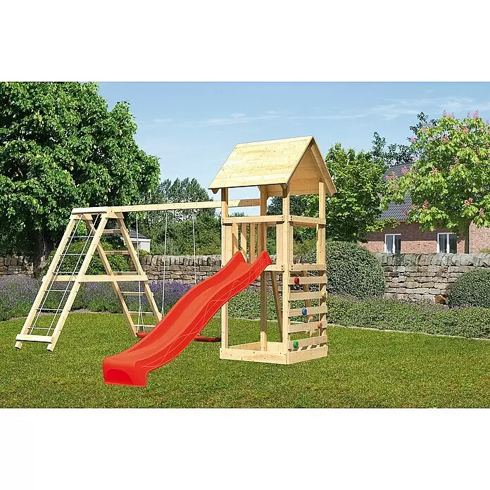 Karibu Kinderspielturm Lotti Set 38L x B x H: 267 x 415 x 291 cm, Natur/Rot