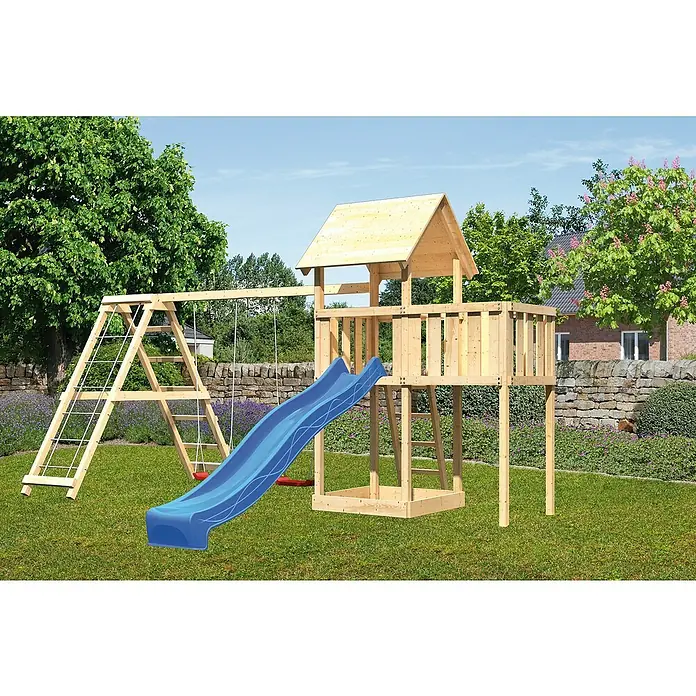 Karibu Kinderspielturm Lotti Set 29 - L x B x H: 264 x 522 x 291 cm, Natur/Blau - Hölzernes Spielhaus mit Schaukel und Rutsche für den Garten. Das Spielhaus bietet Kindern vielfältige Spielmöglichkeiten im Freien.