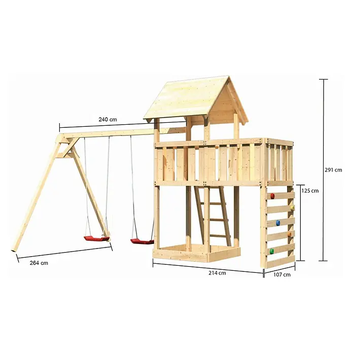 Karibu Kinderspielturm Lotti Set 45 - L x B x H: 264 x 454 x 291 cm, Natur - Abbildung eines Spielturms mit Schaukel und Kletterwand, ideal für Kinder zum Spielen und Austoben im Freien.